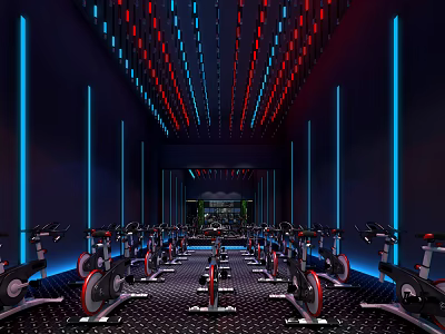 Modern Fitness Studio With Spin Bikes And Blue Red Neon Lighting 3d model