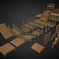 Rustic Wooden Walkway Structure With Intertwined Rope Railings And Support Posts 3d model