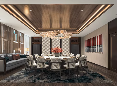 New Chinese Style Room Restaurant Box Catering Room Hotel Catering Room Round Dining Table Background Wall Art Chandelier 3d model