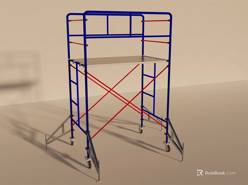 Blue And Red Frame Scaffolding With Mobile Wheels And Platform Surface 3d model 