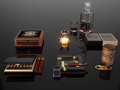 Classic Bar Interior With Cigars Whiskey Decanter Glass Candle And Ashtray 3d model