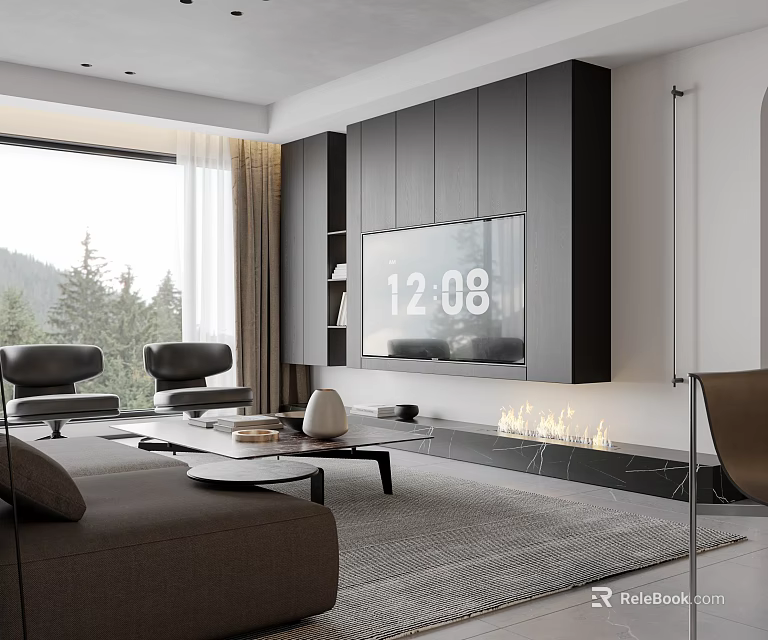 Modern Living And Dining Room Interior With Sofa Coffee Table TV Wall And Fireplace 3d model 