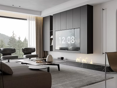 Modern Living And Dining Room Interior With Sofa Coffee Table TV Wall And Fireplace 3d model