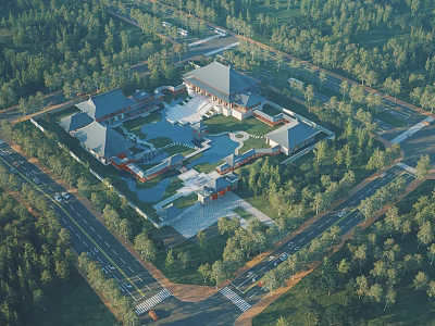 Chinese Traditional Architectural Complex Surrounded By Lush Forest With Courtyard And Roads 3d model