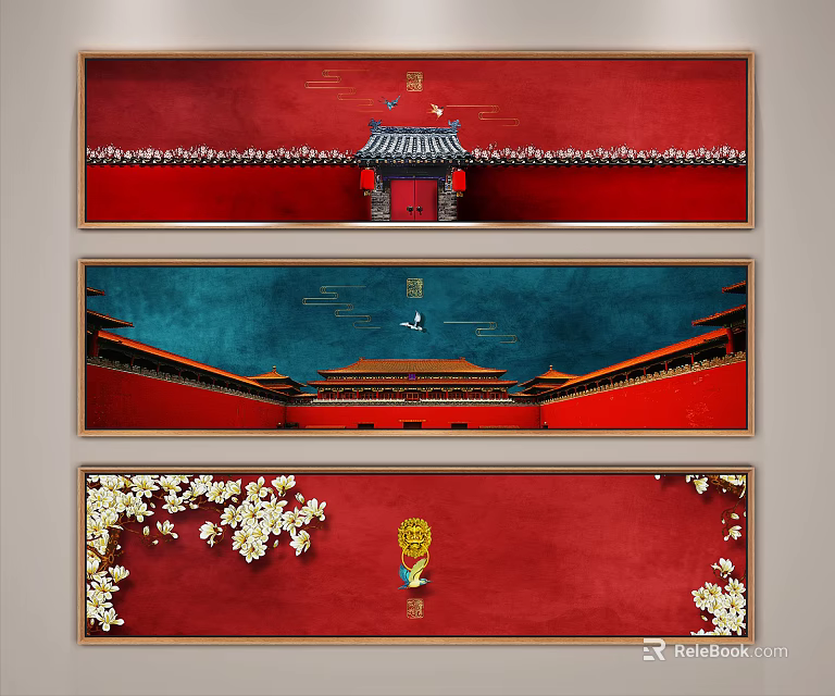 Chinese Traditional Landscape Paintings With Red Background Forbidden City Palace And Plum Blossoms 3d model 