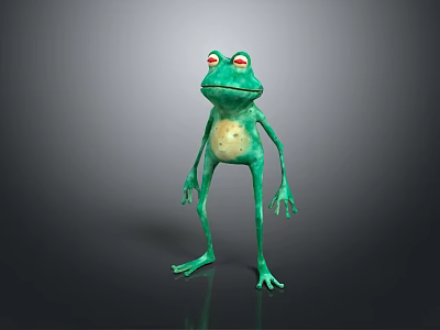 3D Green Frog Character With Red Eyes Standing On Shiny Surface And Light Belly 3d model