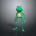 3D Green Frog Character With Red Eyes Standing On Shiny Surface And Light Belly