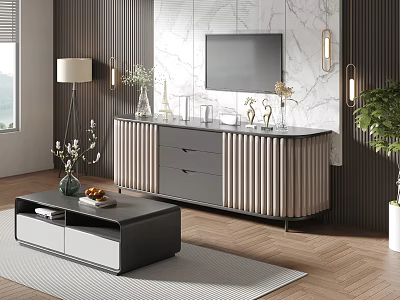 Modern TV Stand With Marble Top Drawers Decorative Vases TV And Plants On Wooden Floor 3d model