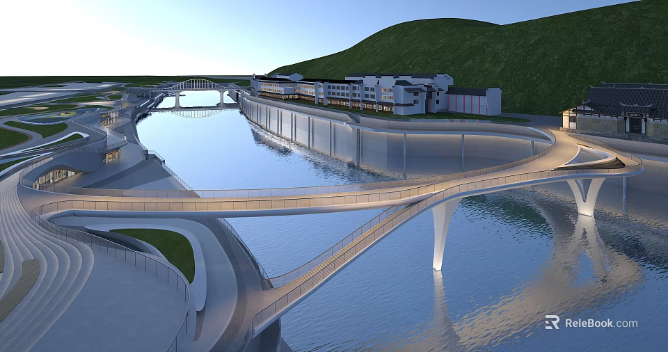 Contemporary Landscape Bridge Over Scenic River With Surrounding Buildings And Green Hills 3d model 