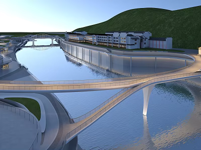 Contemporary Landscape Bridge Over Scenic River With Surrounding Buildings And Green Hills 3d model