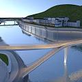 Contemporary Landscape Bridge Over Scenic River With Surrounding Buildings And Green Hills