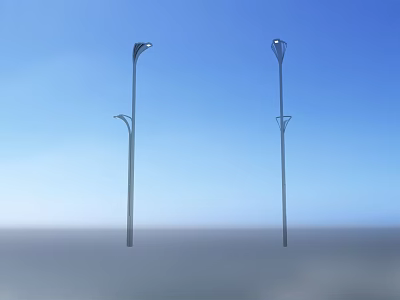Two Silver Outdoor Street Lights With Sleek Modern Design Against Blue Sky And Gray Ground 3d model