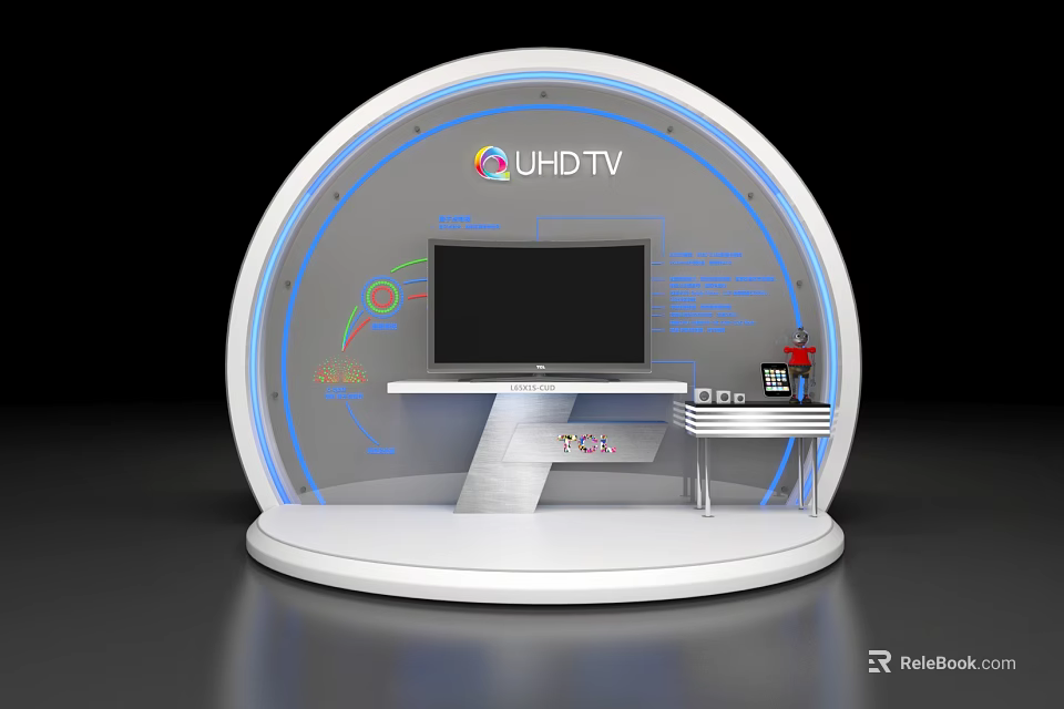 UHDTV Display Setup With Semicircular Stand TV Screen Logo And Charts 3d model 