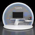 UHDTV Display Setup With Semicircular Stand TV Screen Logo And Charts