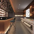 Contemporary Bar Interior With Stool Chairs Shelves And Illuminated Decor