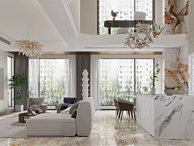 Modern Luxurious Duplex Living Room With Chandeliers Plants And Large Windows 3d model