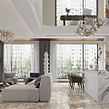Modern Luxurious Duplex Living Room With Chandeliers Plants And Large Windows
