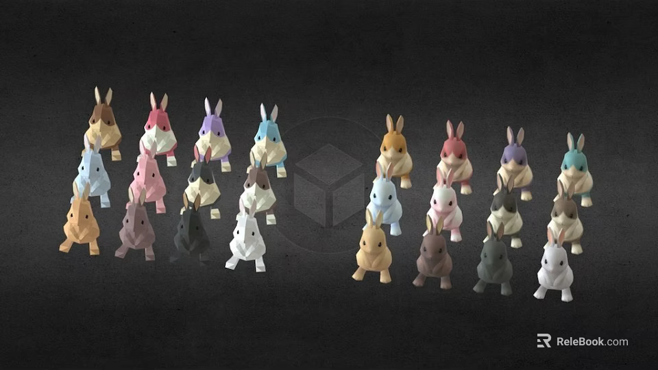 Colorful Rabbit Figurines in Assorted Colors Displayed on Black Background 3d model 