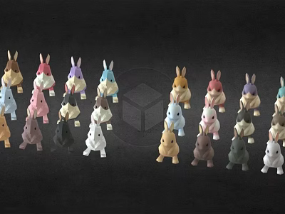 Colorful Rabbit Figurines in Assorted Colors Displayed on Black Background 3d model