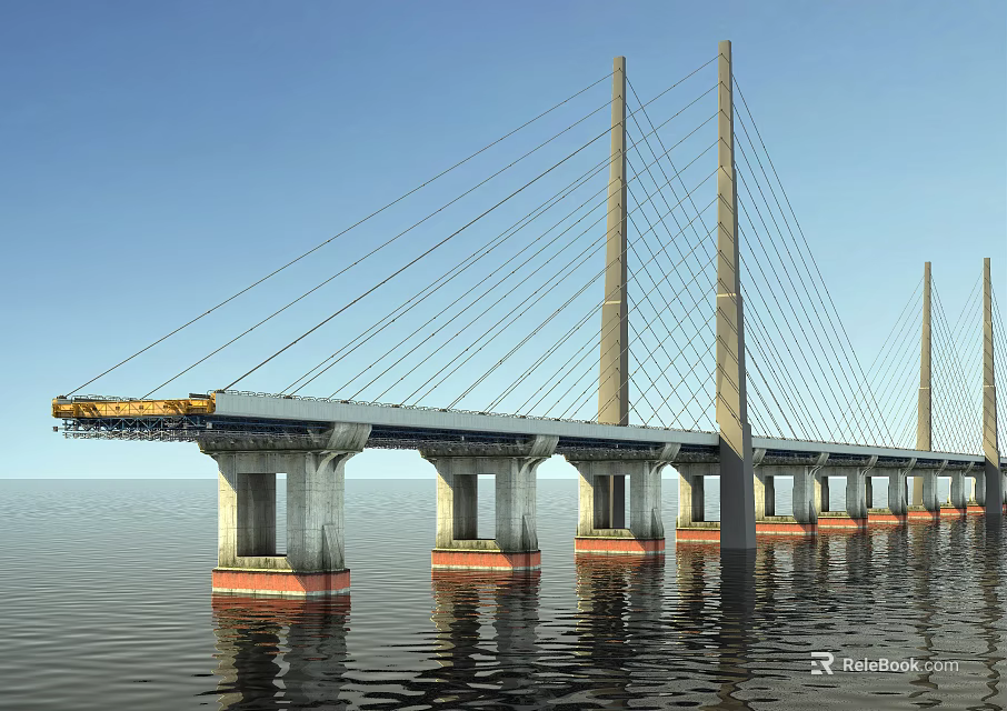 Modern Cable Stayed Bridge Over Water With Tall Towers Piers And Construction Vehicle 3d model 