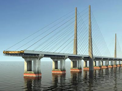 Modern Cable Stayed Bridge Over Water With Tall Towers Piers And Construction Vehicle 3d model