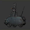 Small Old Blue Car With Female Figure Holding Orange Tool And Long Sword On Roof