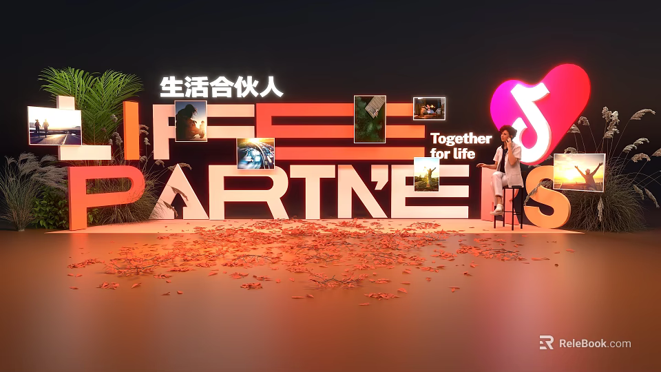 Art Installation With LIFE PARTNERS Lettering Red Heart Together for life Petals And Person 3d model 