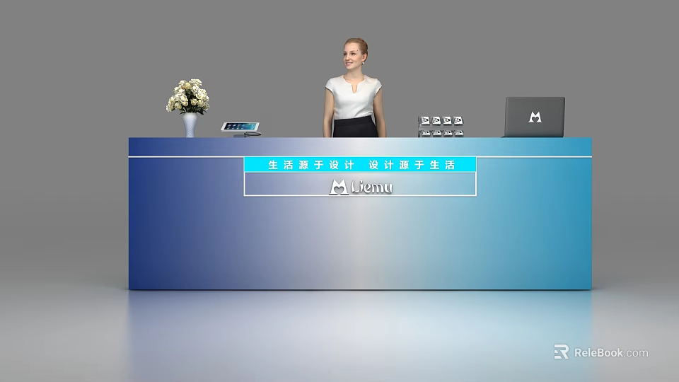 Blue Modern Reception Desk With Receptionist Vase Tablet Laptop And Menu Sign 3d model 