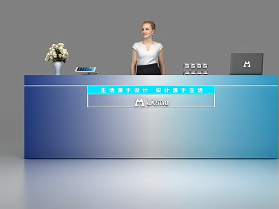 Blue Modern Reception Desk With Receptionist Vase Tablet Laptop And Menu Sign 3d model