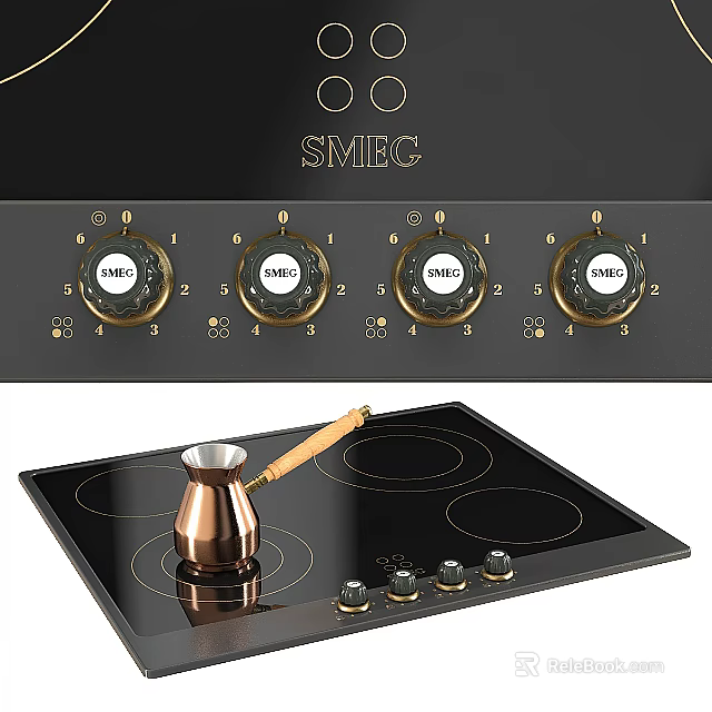 Kitchen Appliance SMEC Induction Cooktop With Gold Knobs Black Surface And Copper Coffee Pot 3d model 