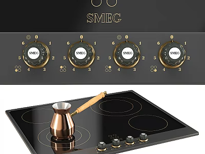 Kitchen Appliance SMEC Induction Cooktop With Gold Knobs Black Surface And Copper Coffee Pot 3d model