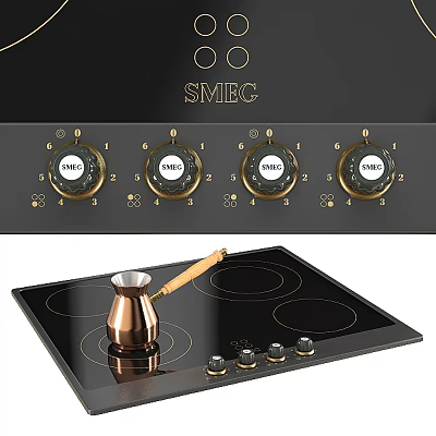 Kitchen Appliance SMEC Induction Cooktop With Gold Knobs Black Surface And Copper Coffee Pot 3d model