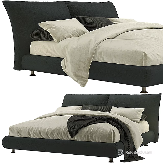 Modern Double Bed With Dark Upholstered Headboard Light Fabric Bedspread And Decorative Pillows 3d model 