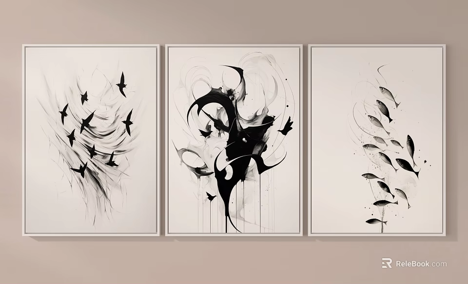 Abstract Paintings Three Panel Wall Art Black And White With Flowing Lines Birds Fish 3d model 