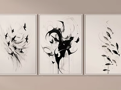 Abstract Paintings Three Panel Wall Art Black And White With Flowing Lines Birds Fish 3d model