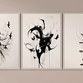 Abstract Paintings Three Panel Wall Art Black And White With Flowing Lines Birds Fish