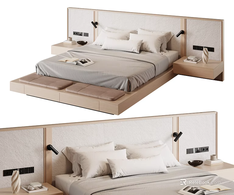 Modern Double Bed Design With Upholstered Headboard Bedside Tables And Soft Pillows 3d model