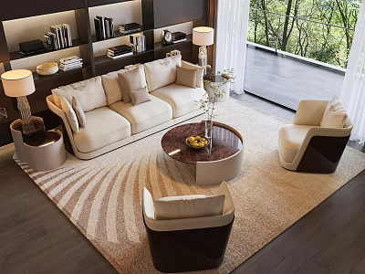 Elegant Modern Sofa and Coffee Table Combination with Armchairs and Wavy Pattern Rug 3d model