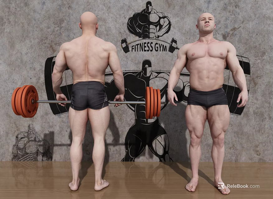 Muscular Men in Fitness Gym Lifting Barbell and Showing Physique on Wooden Floor 3d model 