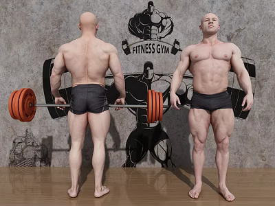 Muscular Men in Fitness Gym Lifting Barbell and Showing Physique on Wooden Floor 3d model