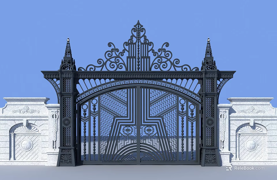 Wrought Iron Entrance Gate With Intricate Carvings Spires And White Stone Pillars 3d model 