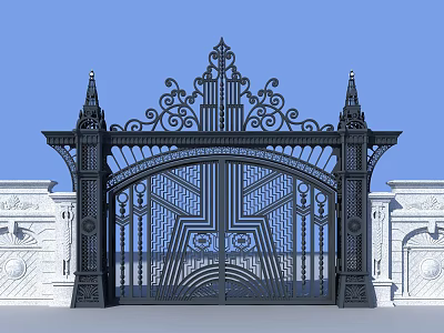 Wrought Iron Entrance Gate With Intricate Carvings Spires And White Stone Pillars 3d model