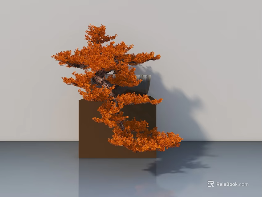 Orange Leafy Potted Plant On Brown Square Stand In Gray Room With Smooth Floor 3d model