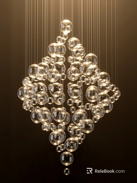 Modern Elegant Chandelier with Transparent Glass Balls Hanging Under Light Glow 3d model 