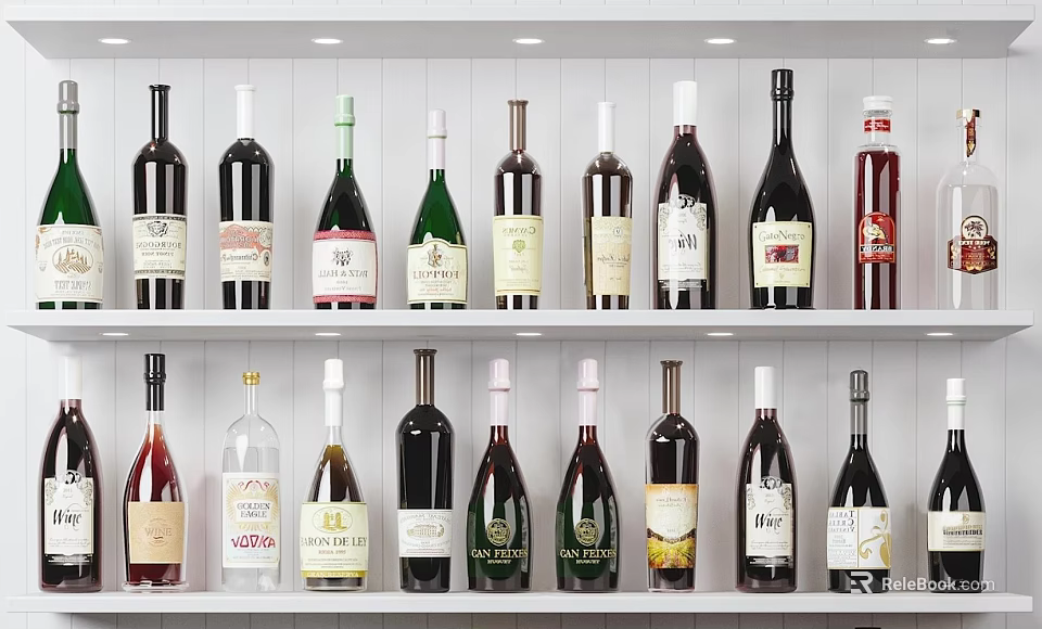 Various Wine Bottles Displayed On White Shelves With Different Labels Collection 3d model
