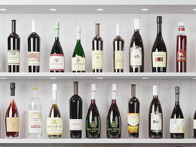 Various Wine Bottles Displayed On White Shelves With Different Labels Collection 3d model