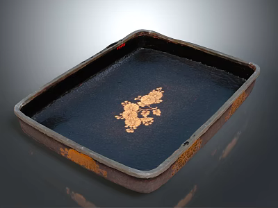 Square Metal Tray With Dark Interior And Golden Pattern On Rustic Edge 3d model