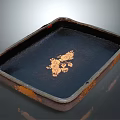 Square Metal Tray With Dark Interior And Golden Pattern On Rustic Edge 3d model