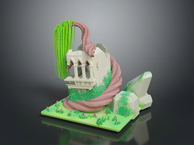White Architectural Model With Pink Vines Green Plants And Stones On Base 3d model