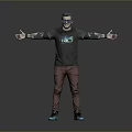 Man in Gray Long Sleeve Shirt With Graphic Brown Pants Blue Shoes Sunglasses Arms Outstretched